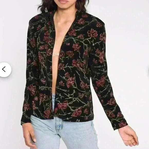 Xscape Sweaters - Xscape by Joanna Chen Floral Print Velvet Y2K Velvet Glittering Black Cardigan